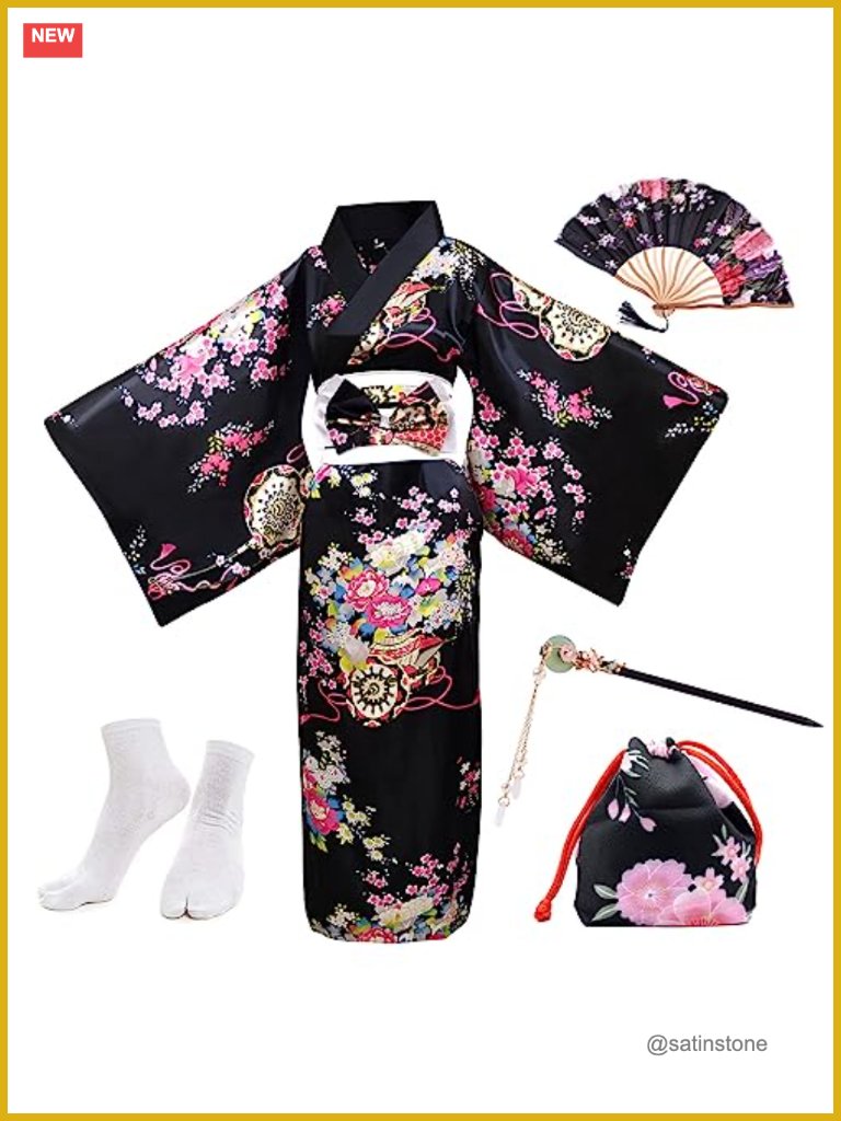 Japanese Kimono Robe Set With Fan, Hair Stick, Pouch & Socks
